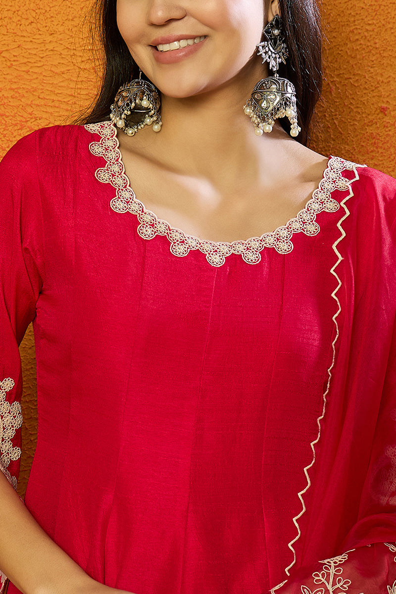 fuchsia pink silk blend solid embroidered flared suit set