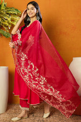 fuchsia pink silk blend solid embroidered flared suit set