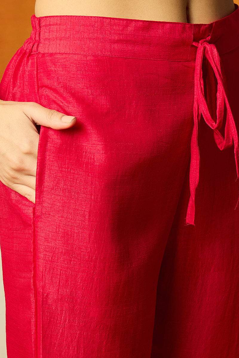 fuchsia pink silk blend solid embroidered flared suit set