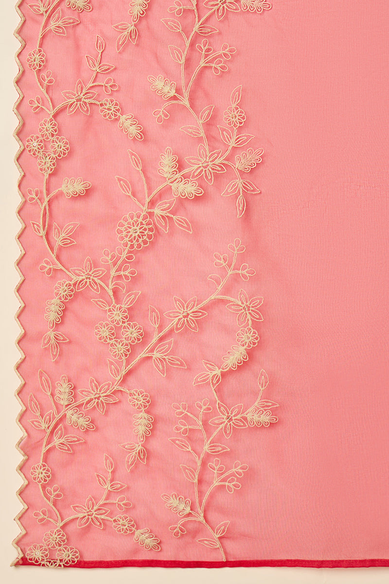 fuchsia pink silk blend solid embroidered flared suit set