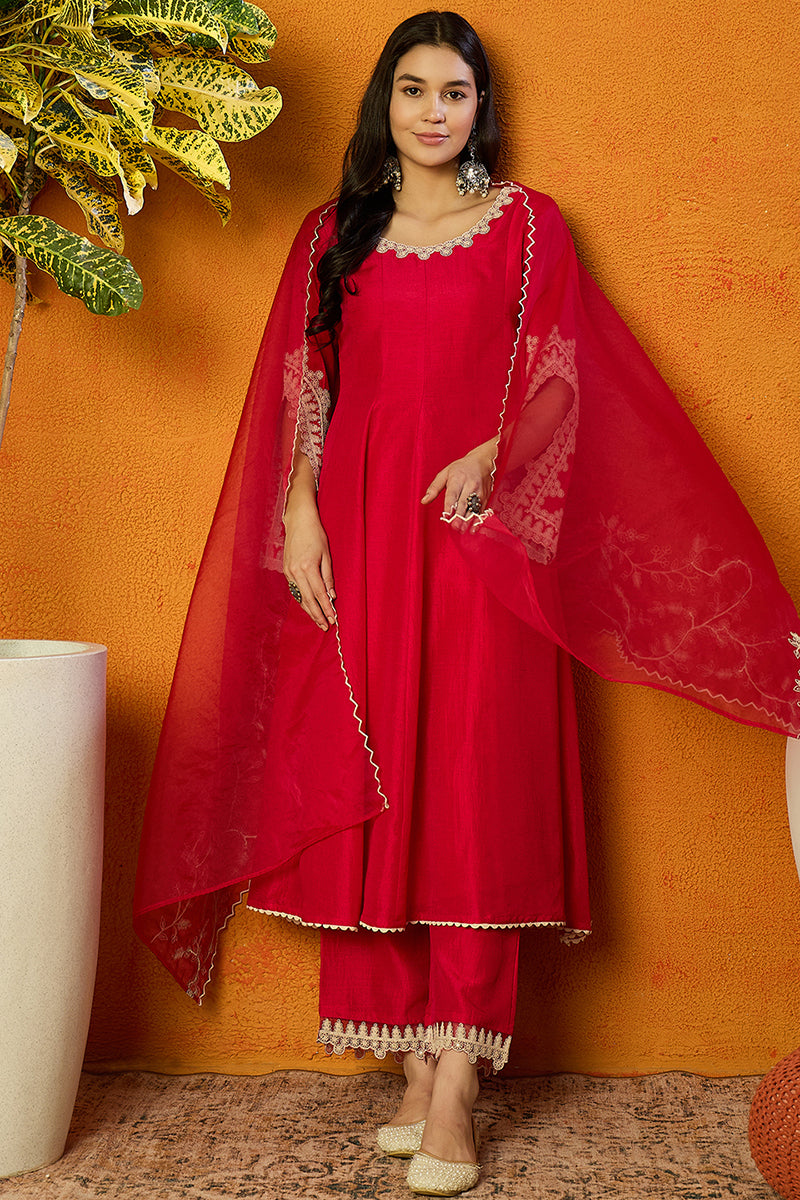 fuchsia pink silk blend solid embroidered flared suit set