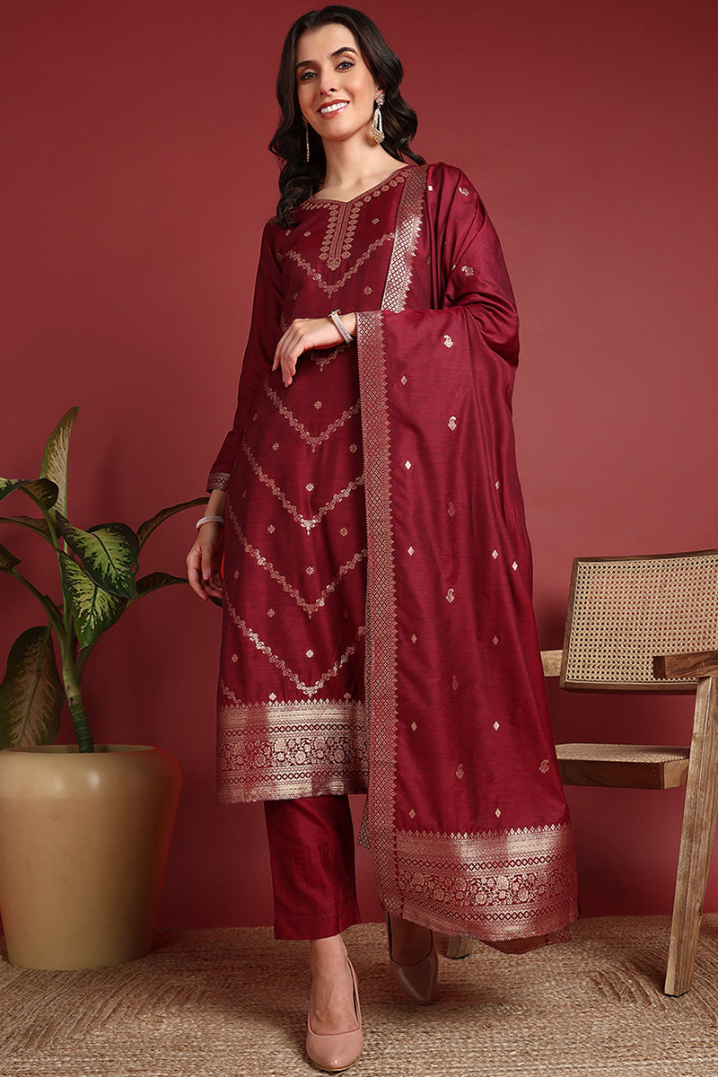 maroon-silk-blend-ethnic-motifs-woven-design-straight-suit-set-pkskd2401
