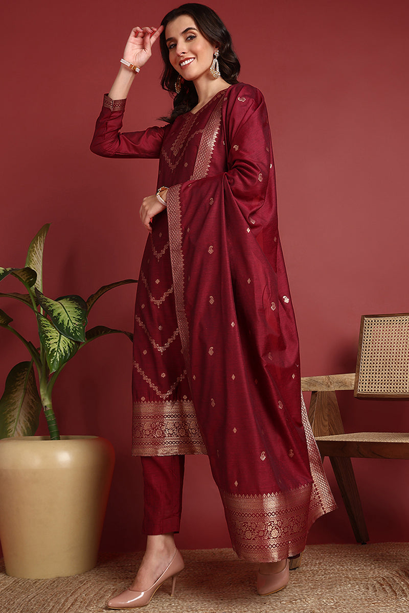 maroon-silk-blend-ethnic-motifs-woven-design-straight-suit-set-pkskd2401