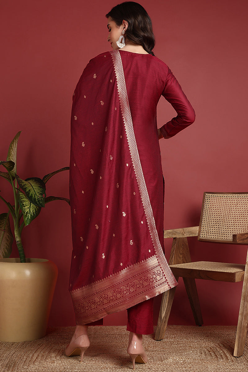 maroon-silk-blend-ethnic-motifs-woven-design-straight-suit-set-pkskd2401
