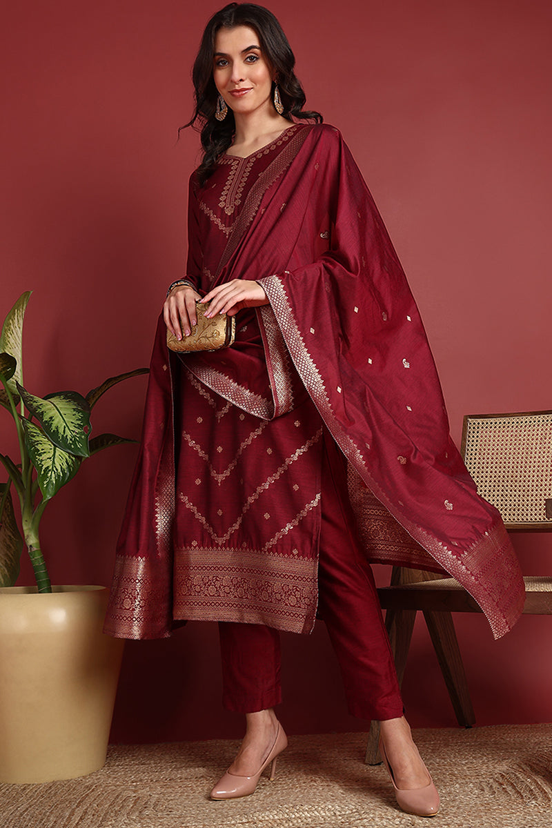 maroon-silk-blend-ethnic-motifs-woven-design-straight-suit-set-pkskd2401