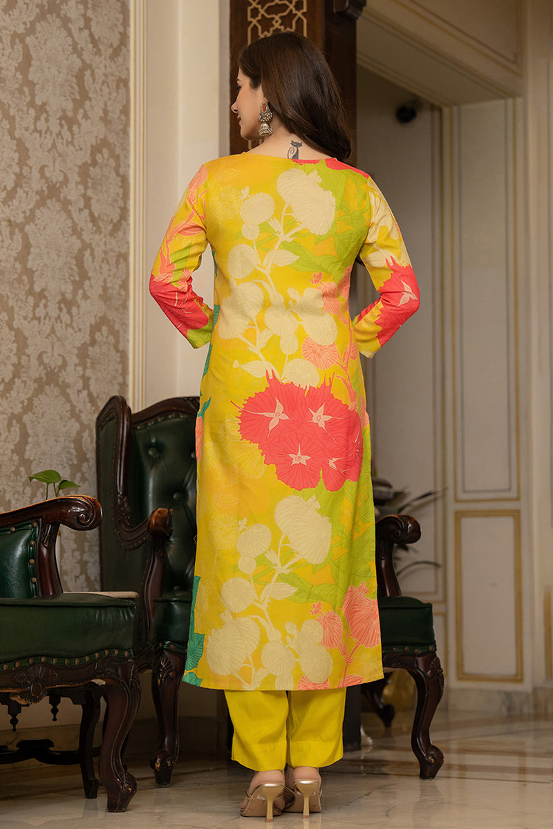 yellow rayon blend floral printed straight trouser bottom suit set pkskd2425