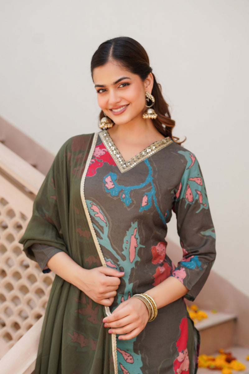 olive cotton blend floral printed straight suit set