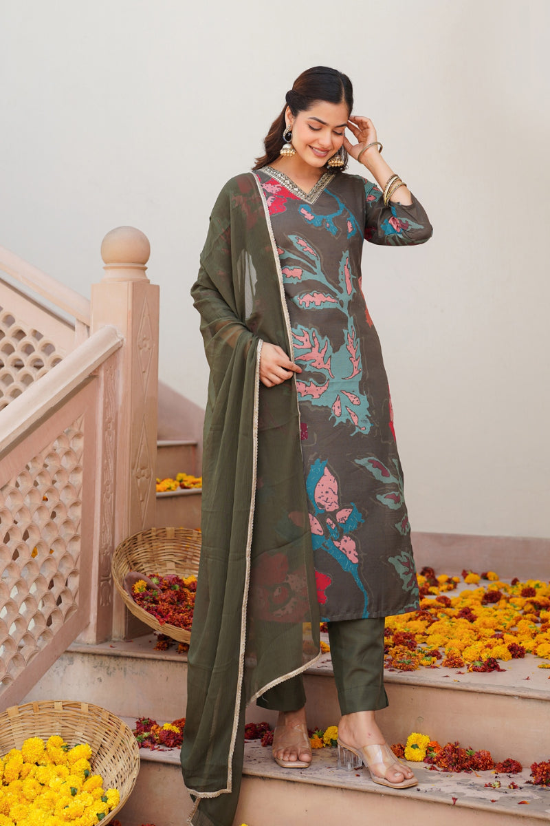 olive cotton blend floral printed straight suit set