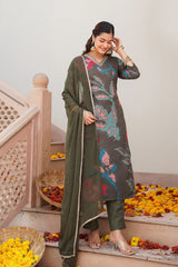 olive cotton blend floral printed straight suit set