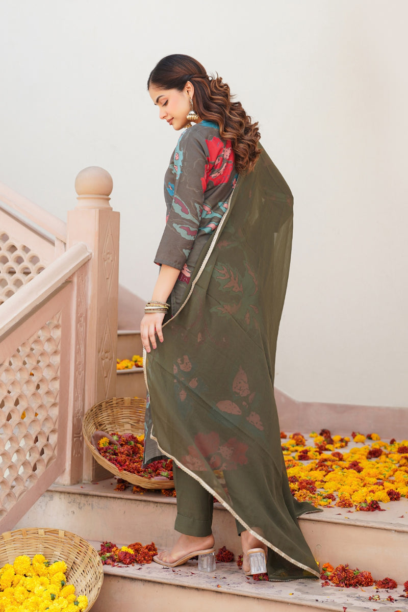 olive cotton blend floral printed straight suit set