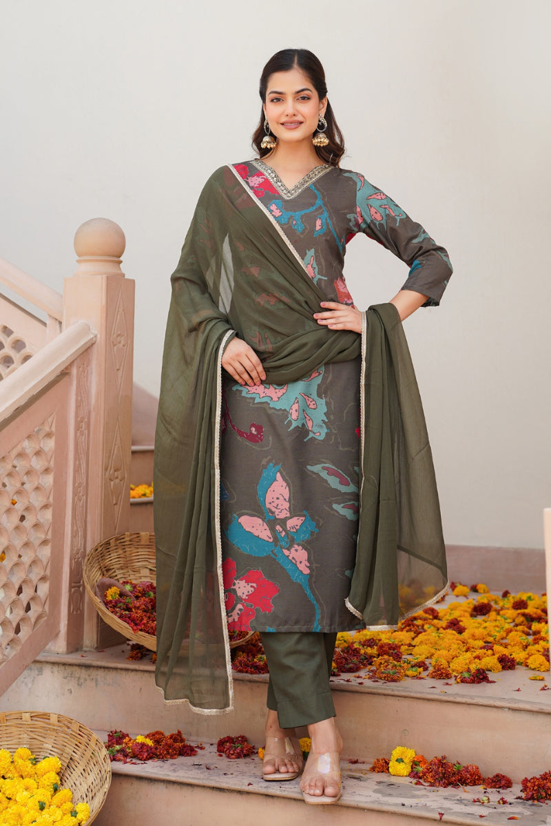 olive cotton blend floral printed straight suit set