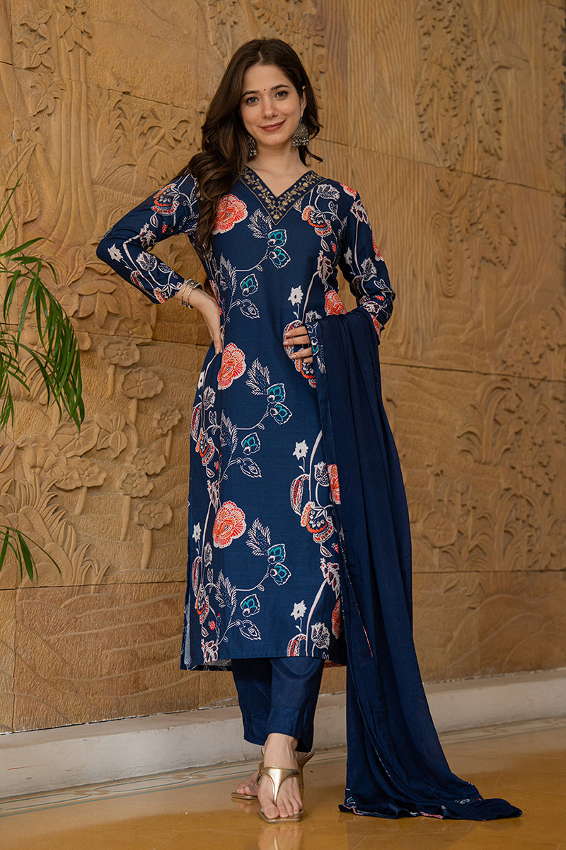 blue rayon blend floral printed straight suit set pkskd2469