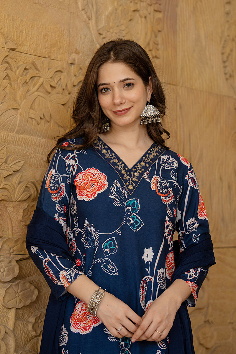 blue rayon blend floral printed straight suit set pkskd2469