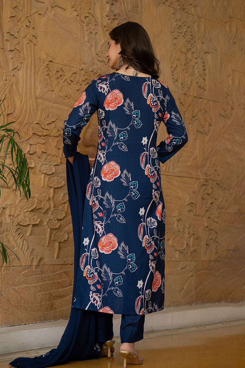 blue rayon blend floral printed straight suit set pkskd2469