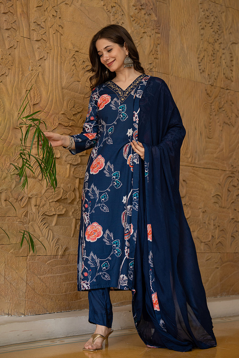 blue rayon blend floral printed straight suit set pkskd2469