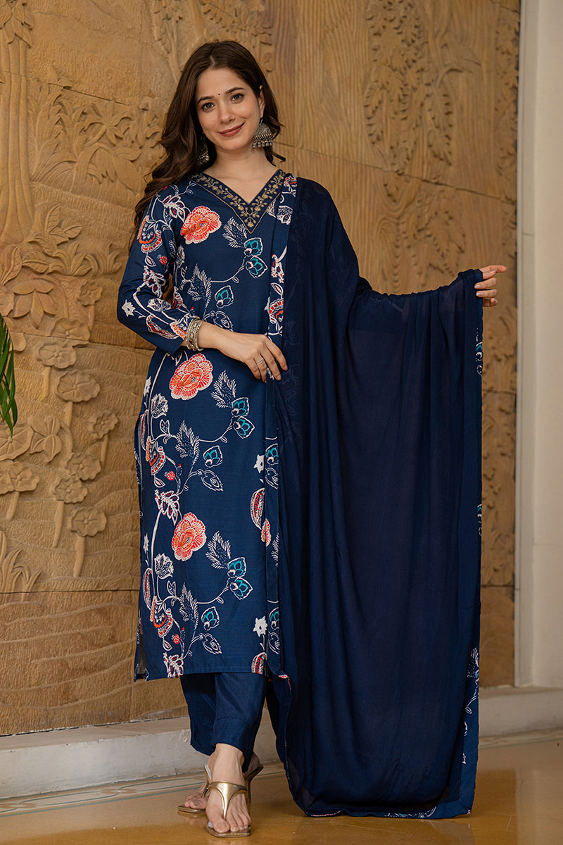 blue rayon blend floral printed straight suit set pkskd2469