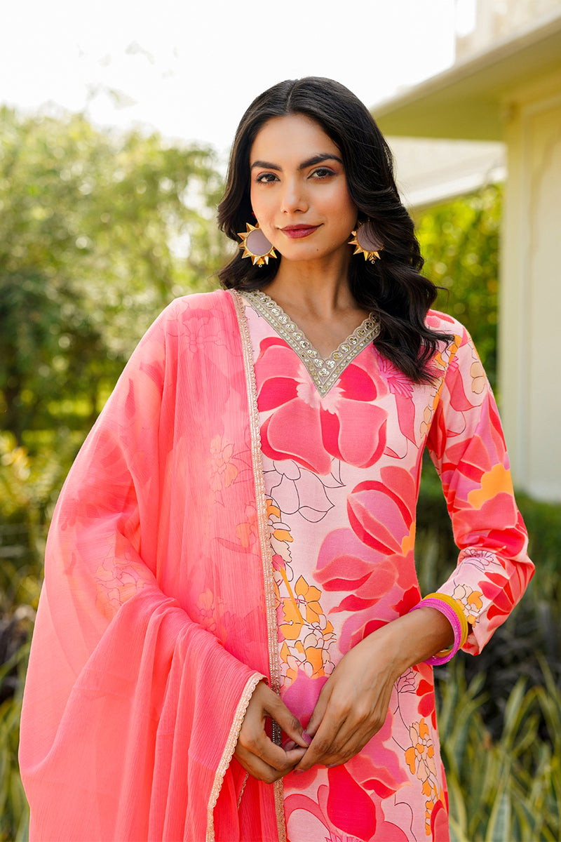 peach rayon blend floral printed straight trouser suit set 