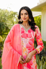peach rayon blend floral printed straight trouser suit set 