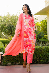 peach rayon blend floral printed straight trouser suit set 