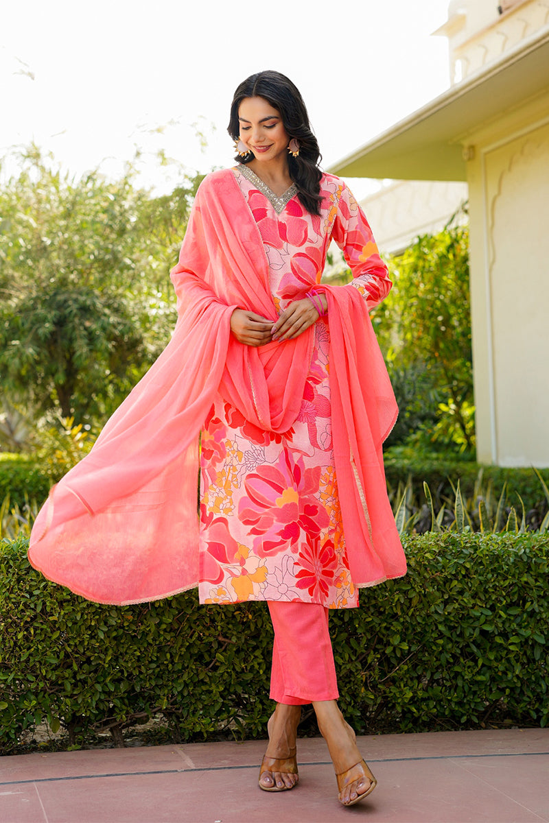 peach rayon blend floral printed straight trouser suit set 