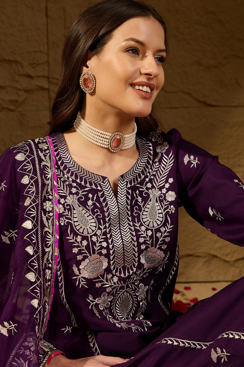 Purple Silk Blend Yoke Design Zari Straight Palazzo Suit Set