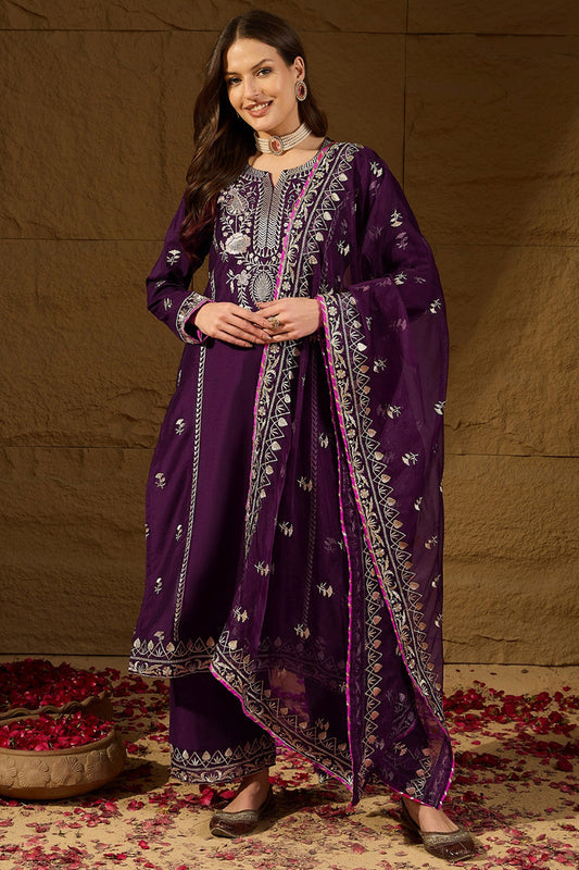 purple silk blend yoke design zari straight palazzo suit set pkskd2488