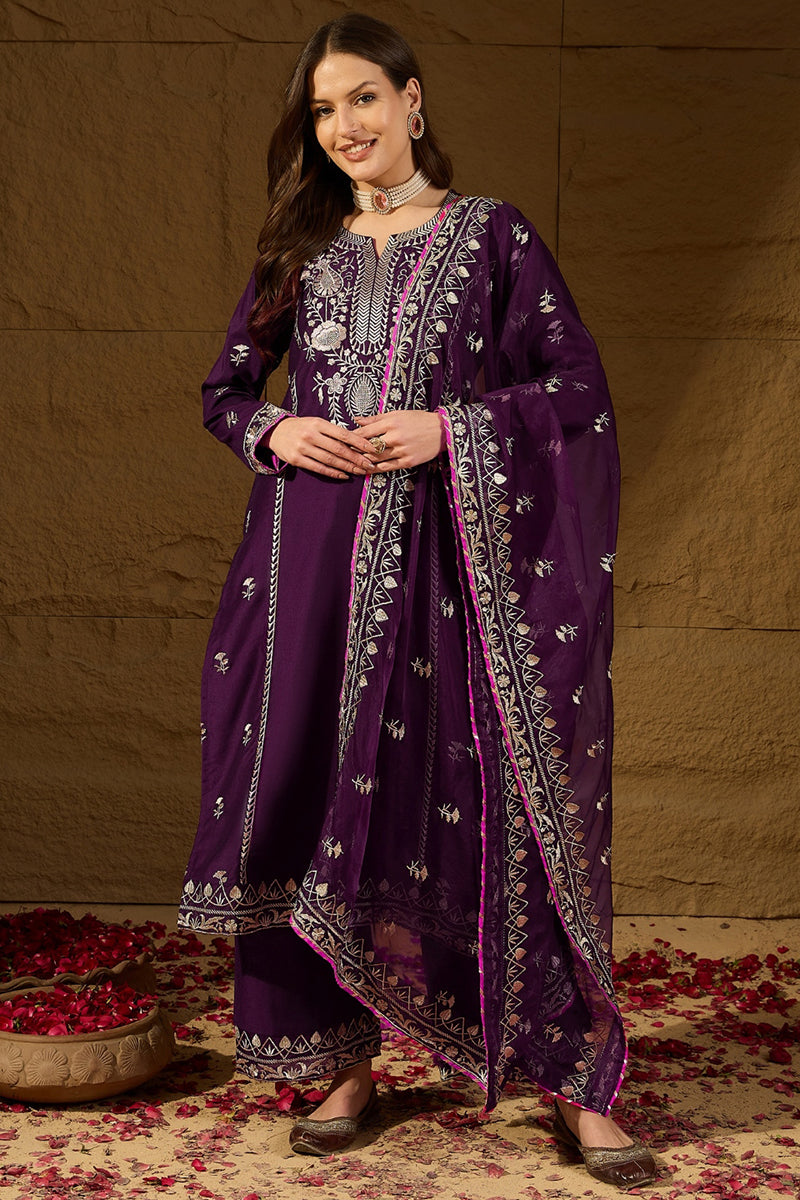 Purple Silk Blend Yoke Design Zari Straight Palazzo Suit Set