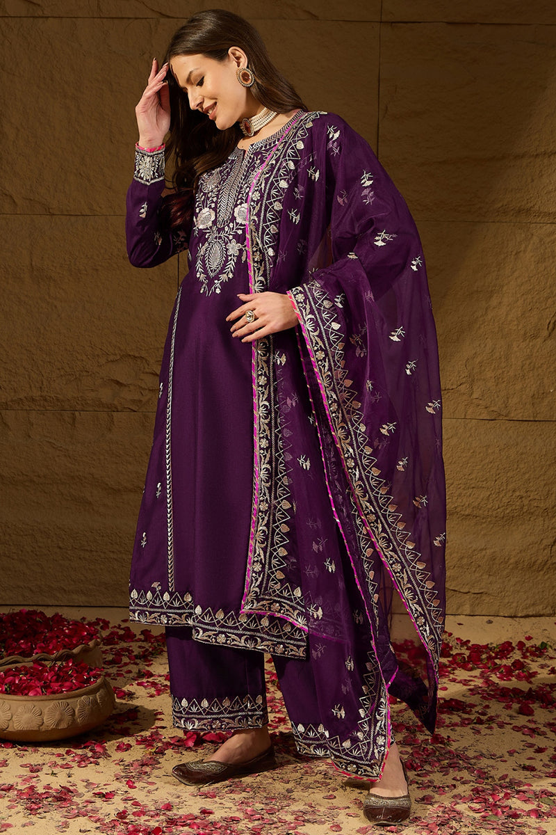 Purple Silk Blend Yoke Design Zari Straight Palazzo Suit Set