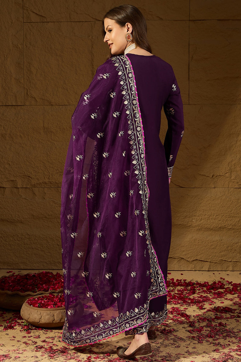 Purple Silk Blend Yoke Design Zari Straight Palazzo Suit Set
