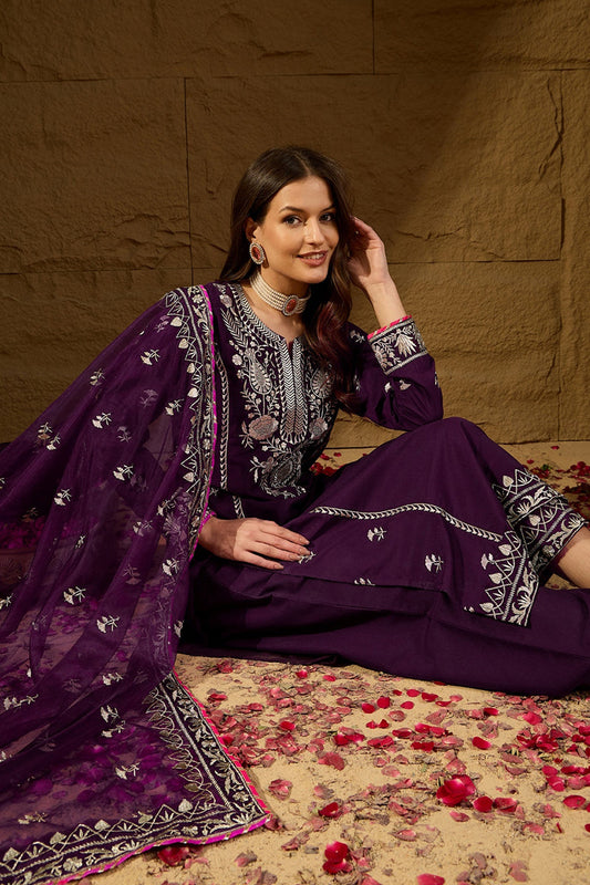 Purple Silk Blend Yoke Design Zari Straight Palazzo Suit Set