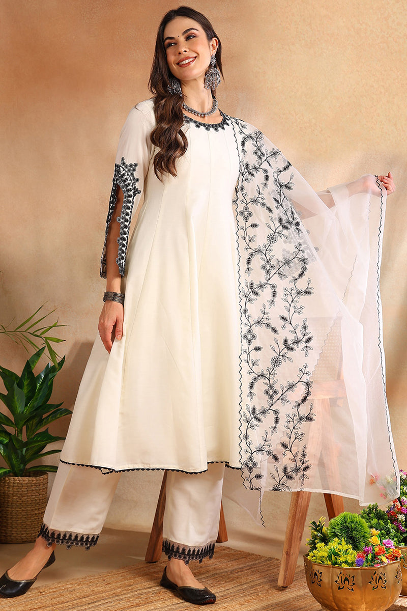 white silk blend solid embroidered anarkali trouser suit set pkskd2489