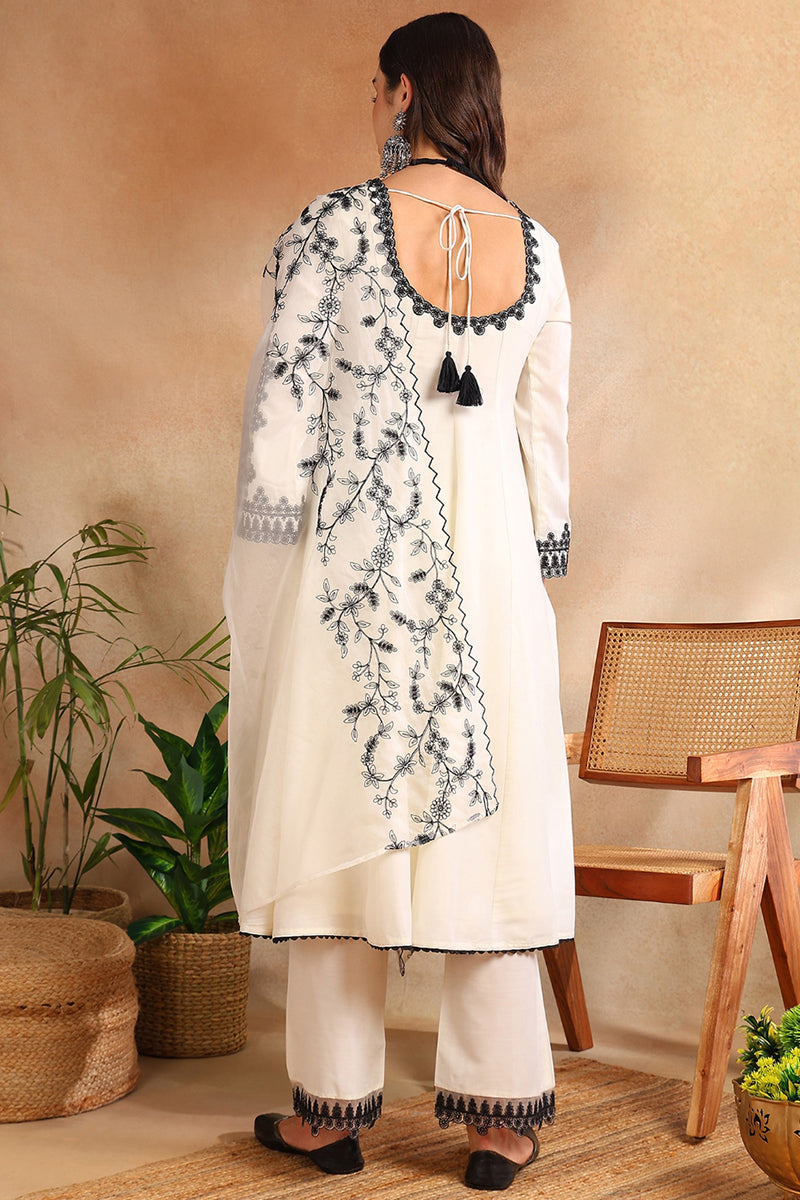 white silk blend solid embroidered anarkali trouser suit set pkskd2489
