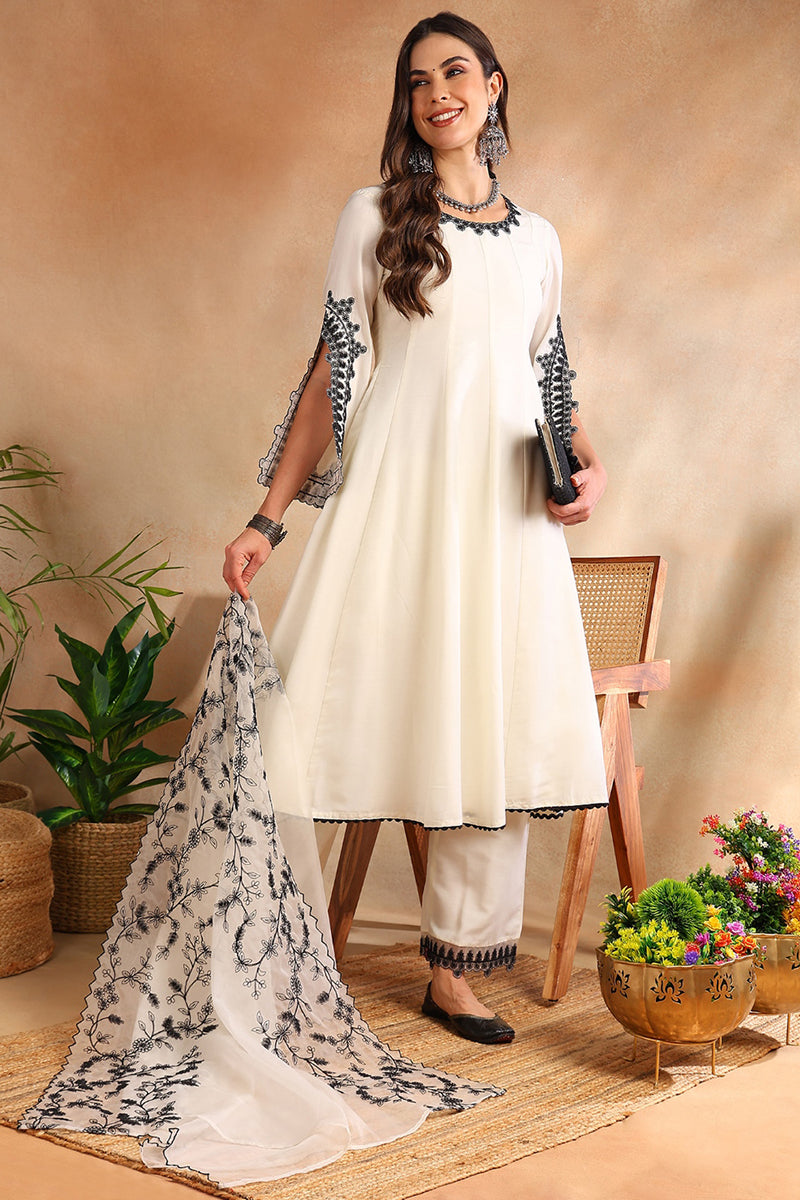 white silk blend solid embroidered anarkali trouser suit set pkskd2489