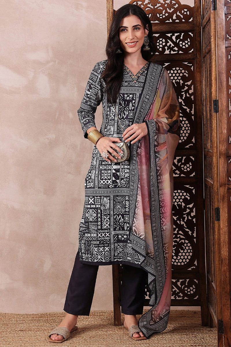 black rayon blend geometric printed straight trouser bottom suit set pkskd2542blk