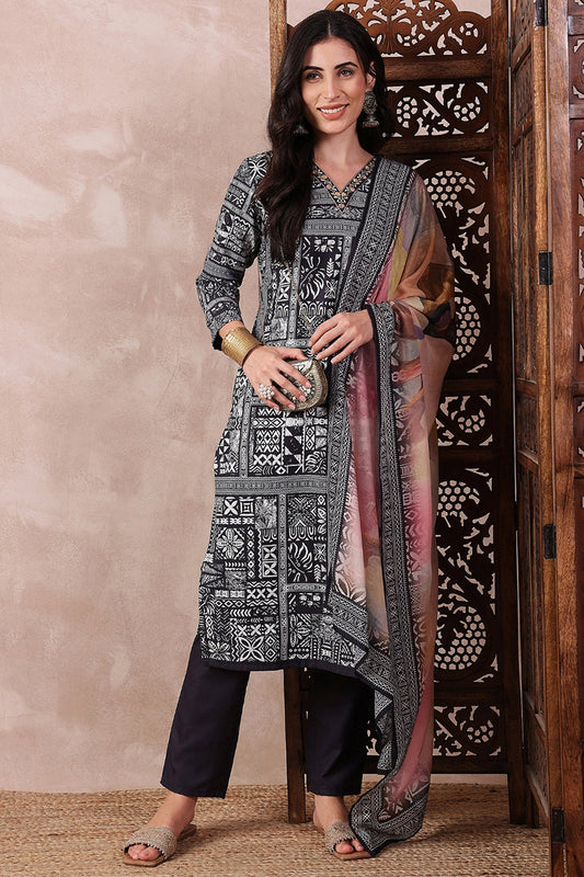 black rayon blend geometric printed straight trouser bottom suit set pkskd2542blk