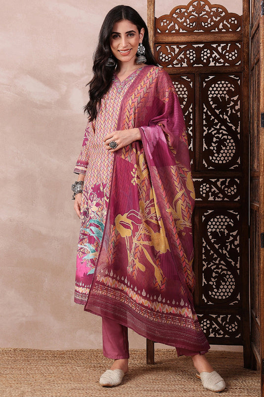 multi color silk blend floral printed straight trouser bottom suit set pkskd2544ppl