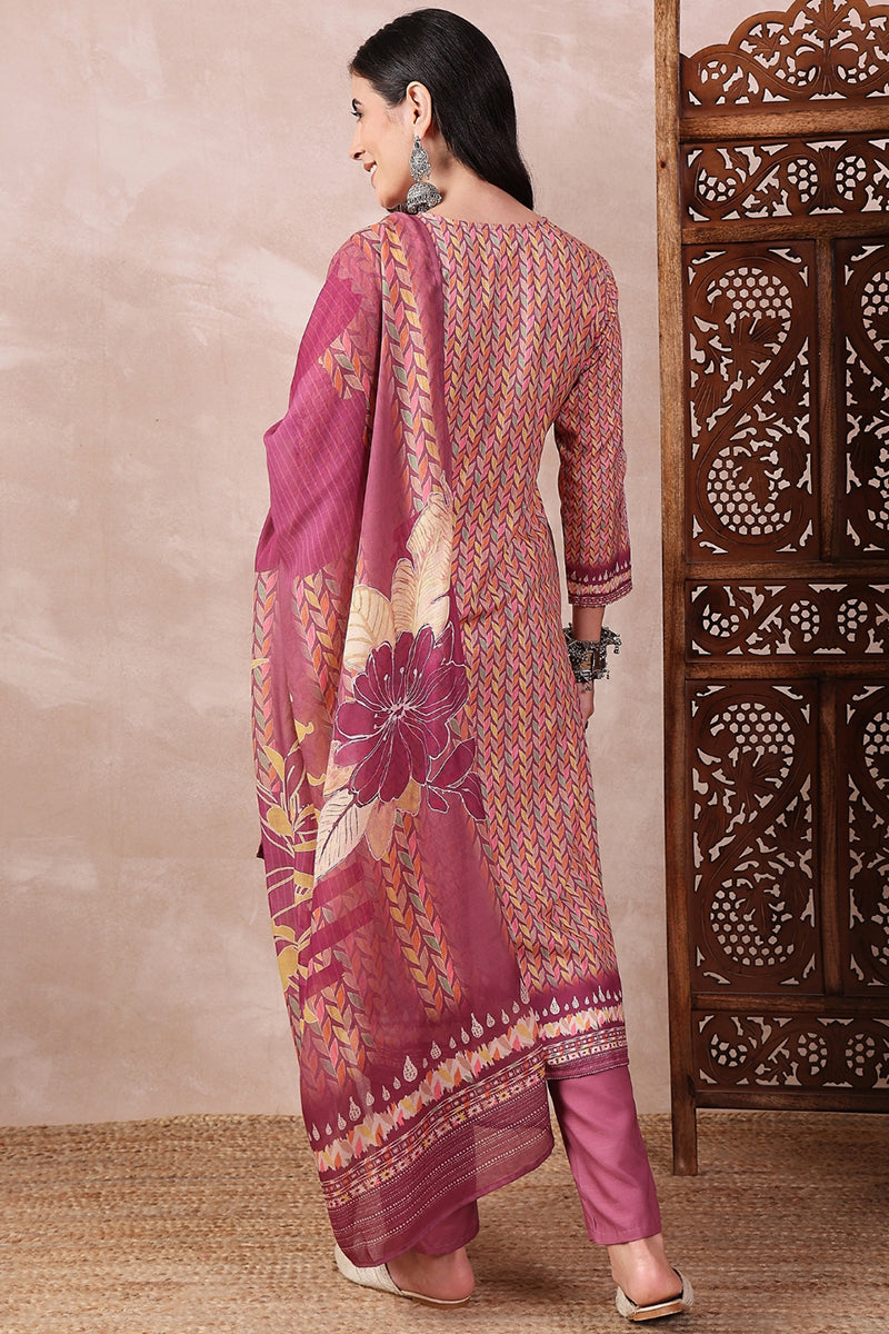 multi color silk blend floral printed straight trouser bottom suit set pkskd2544ppl