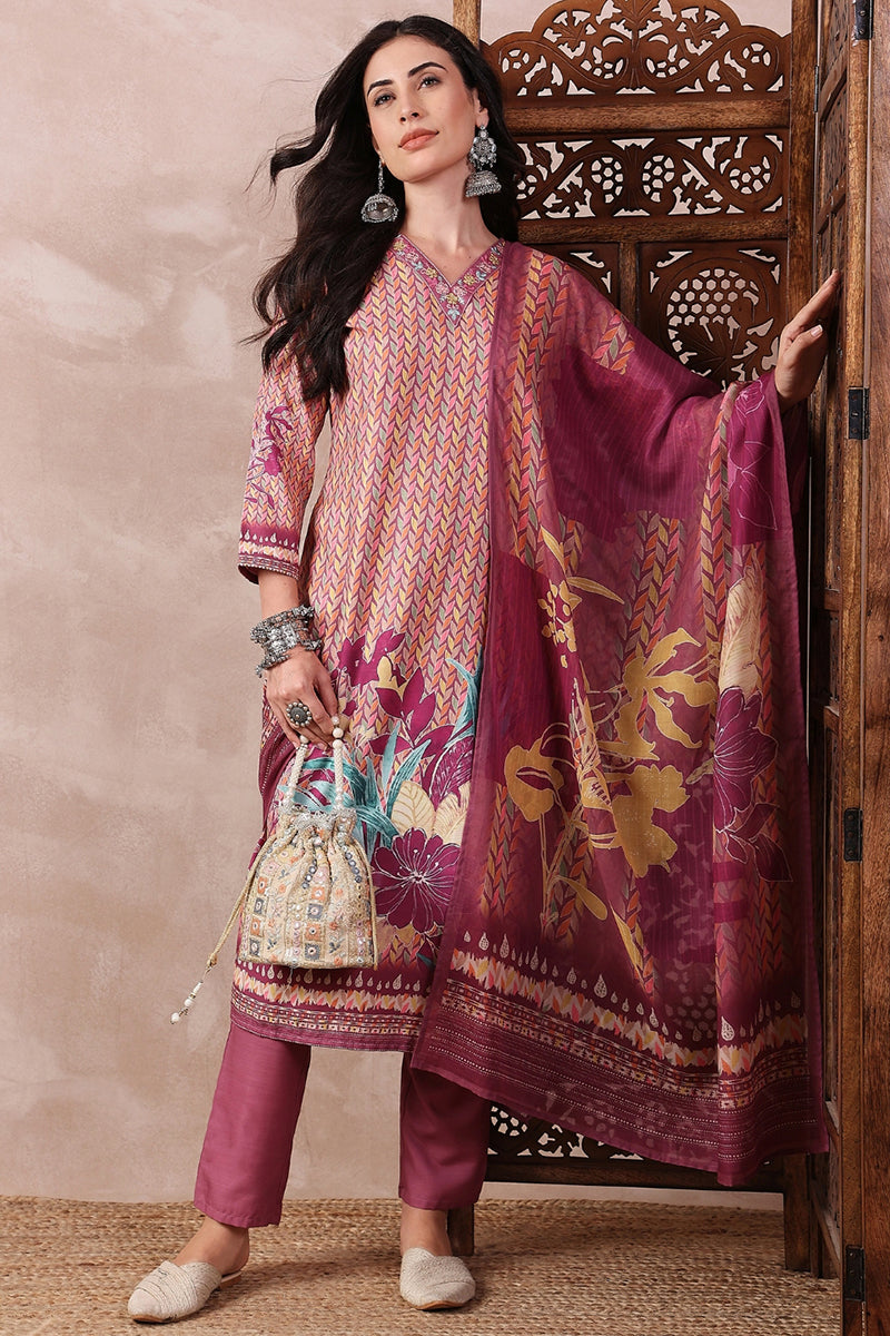 multi color silk blend floral printed straight trouser bottom suit set pkskd2544ppl
