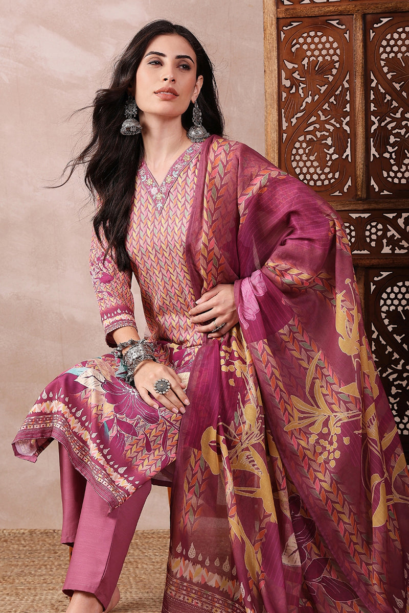 multi color silk blend floral printed straight trouser bottom suit set pkskd2544ppl