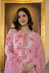 pink rayon blend floral printed straight trouser suit set 