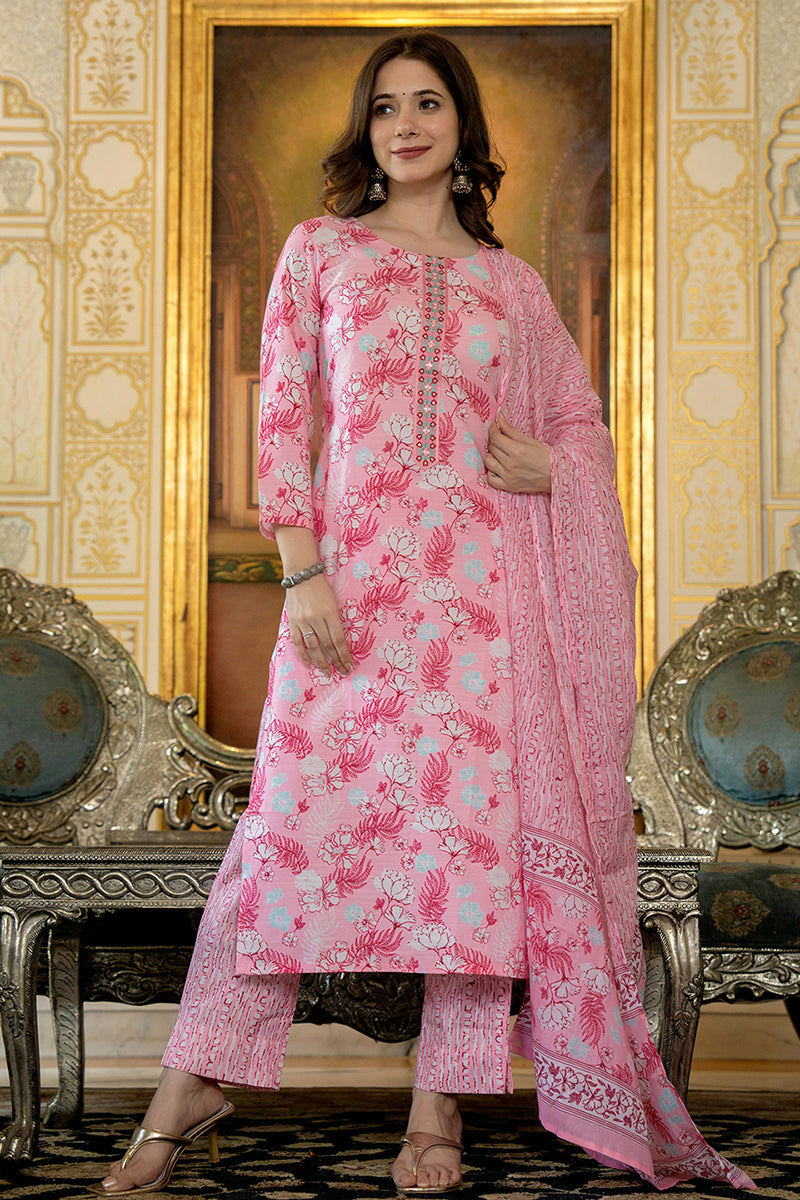 pink rayon blend floral printed straight trouser suit set 