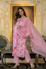 pink rayon blend floral printed straight trouser suit set 
