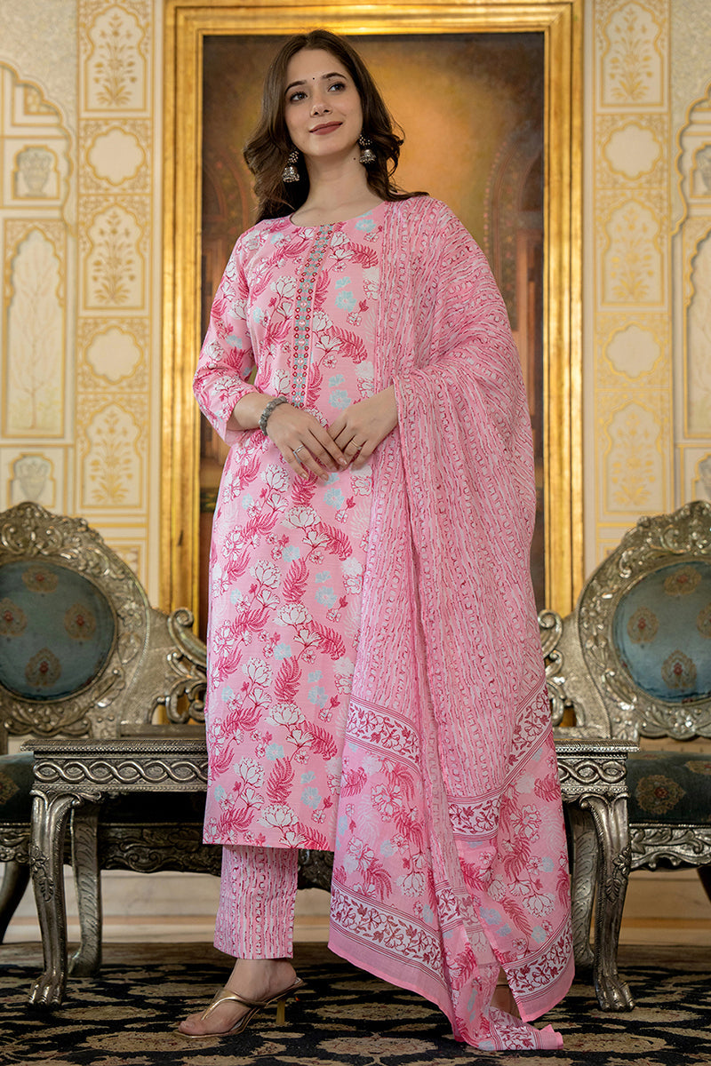 pink rayon blend floral printed straight trouser suit set 