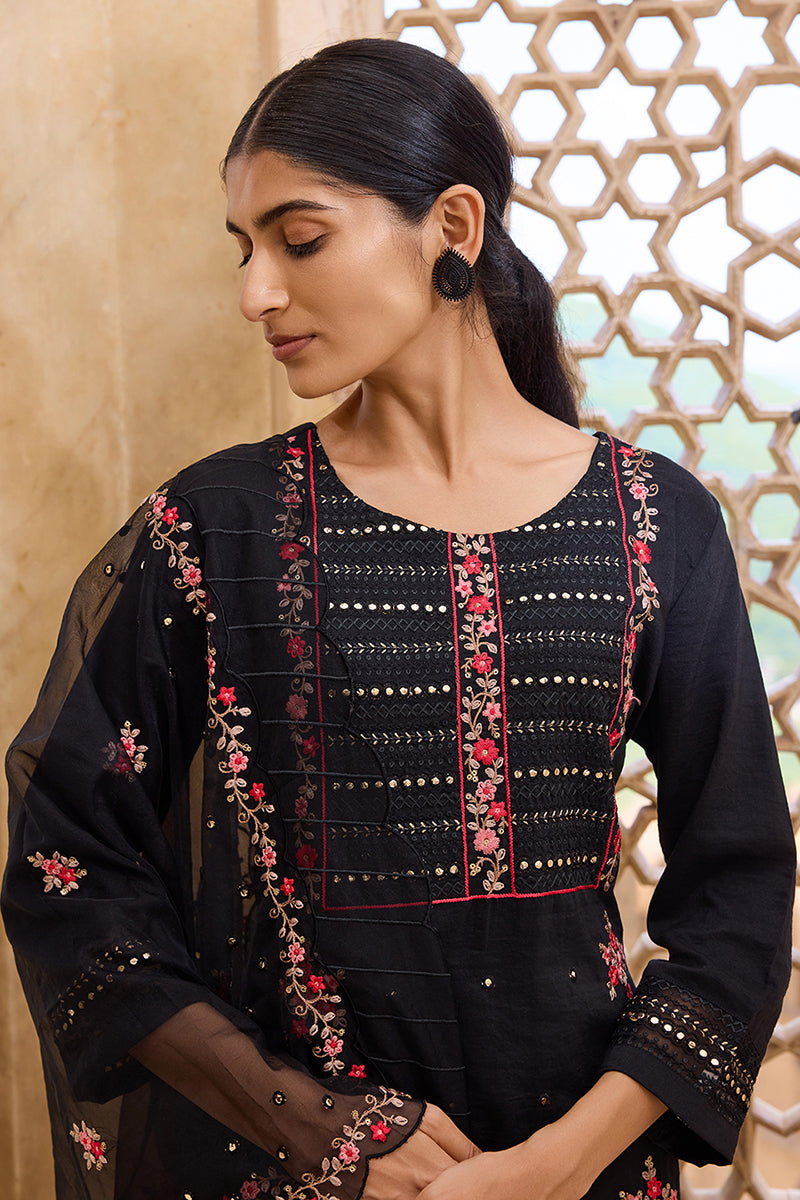 black silk blend solid embroidered straight trouser bottom suit set pkskd2630