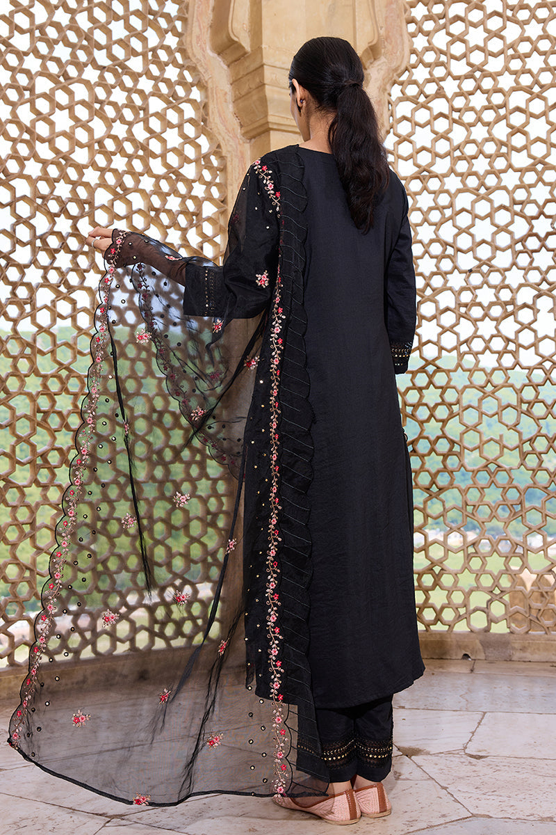 black silk blend solid embroidered straight trouser bottom suit set pkskd2630