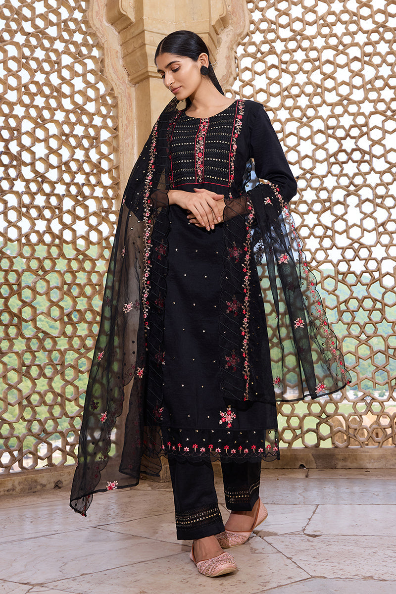 black silk blend solid embroidered straight trouser bottom suit set pkskd2630