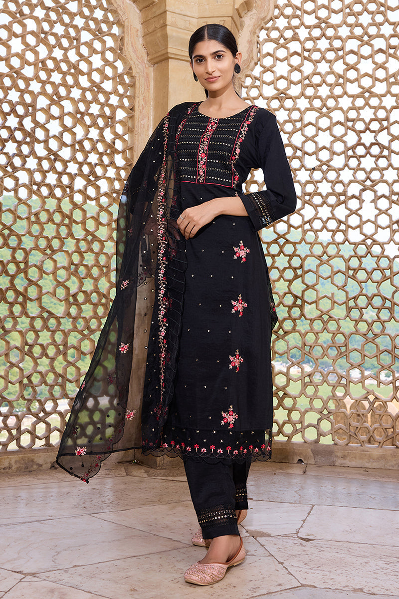black silk blend solid embroidered straight trouser bottom suit set pkskd2630