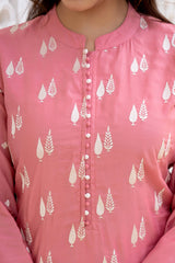 pink silk blend solid embroidered straight suit set with trouser bottom