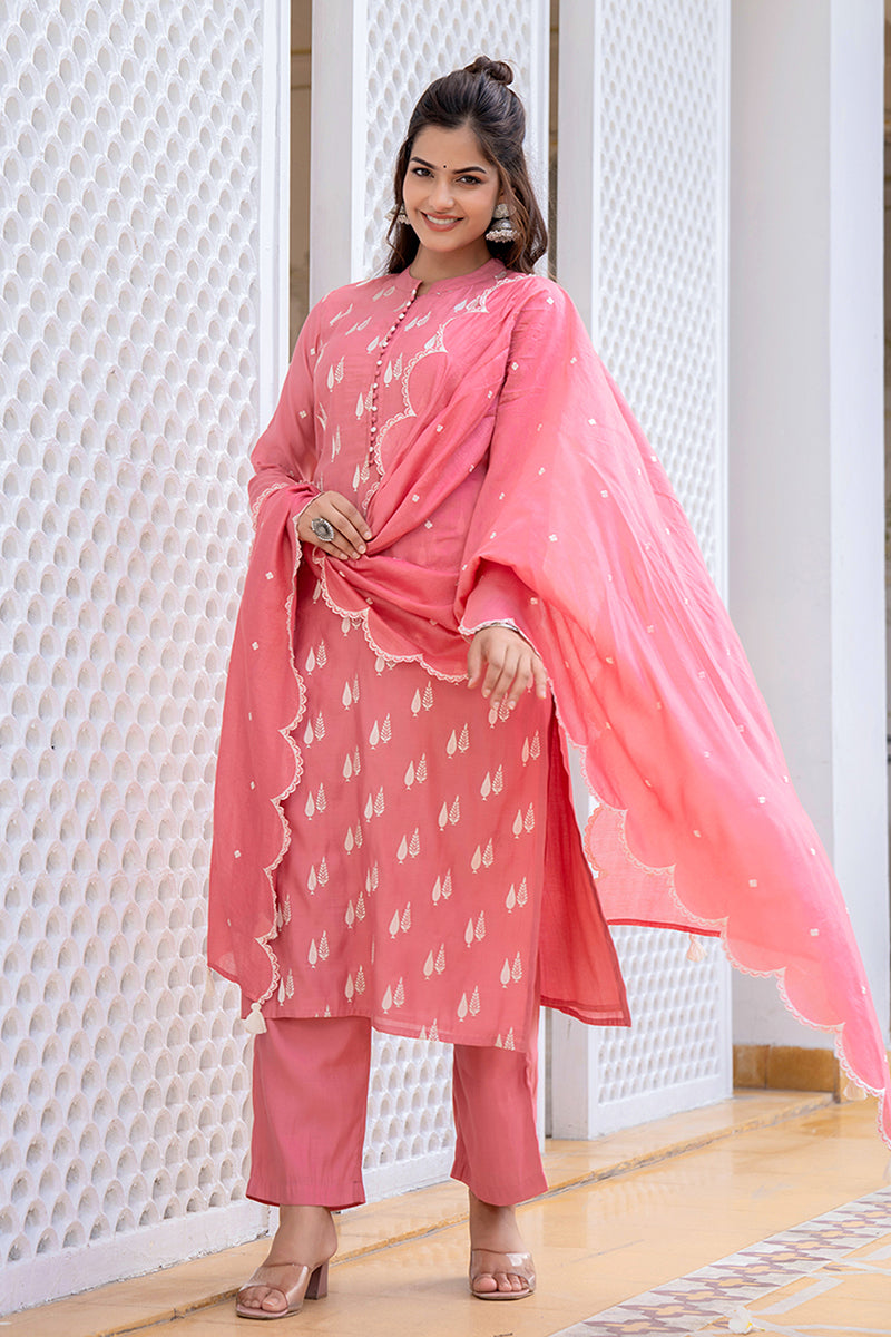 pink silk blend solid embroidered straight suit set with trouser bottom