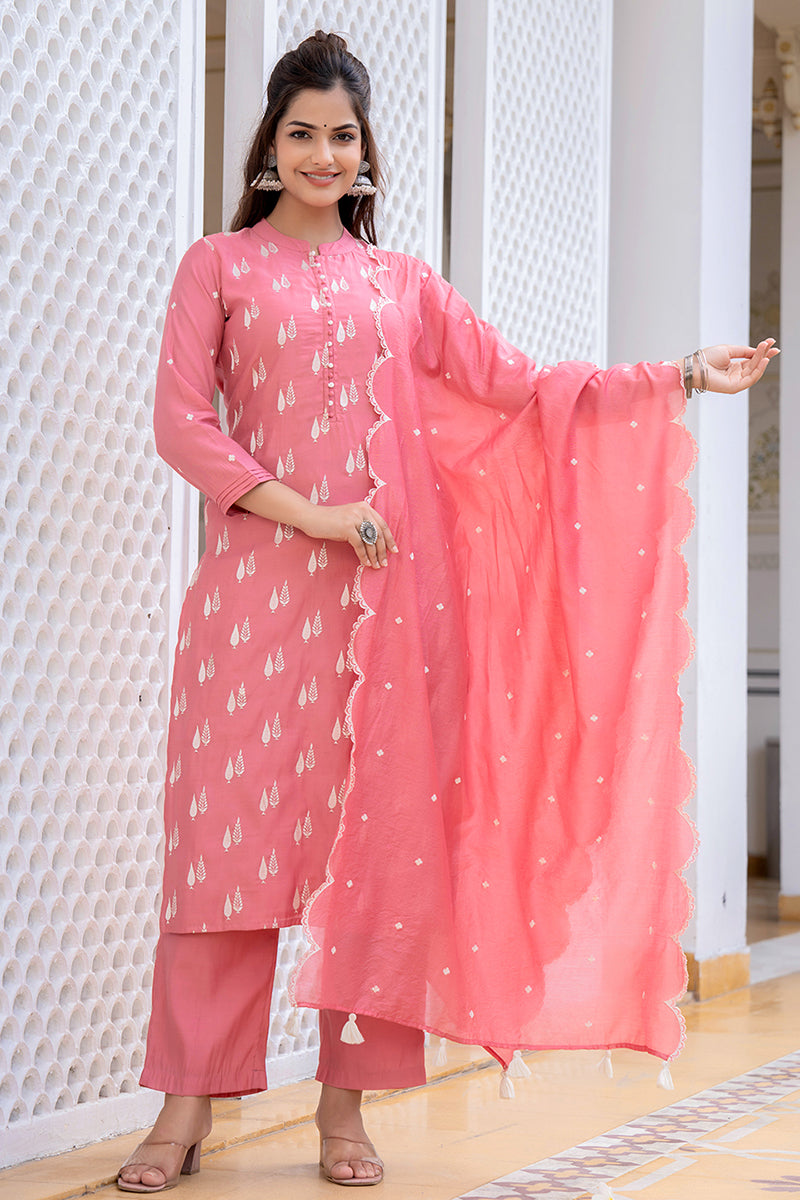 pink silk blend solid embroidered straight suit set with trouser bottom